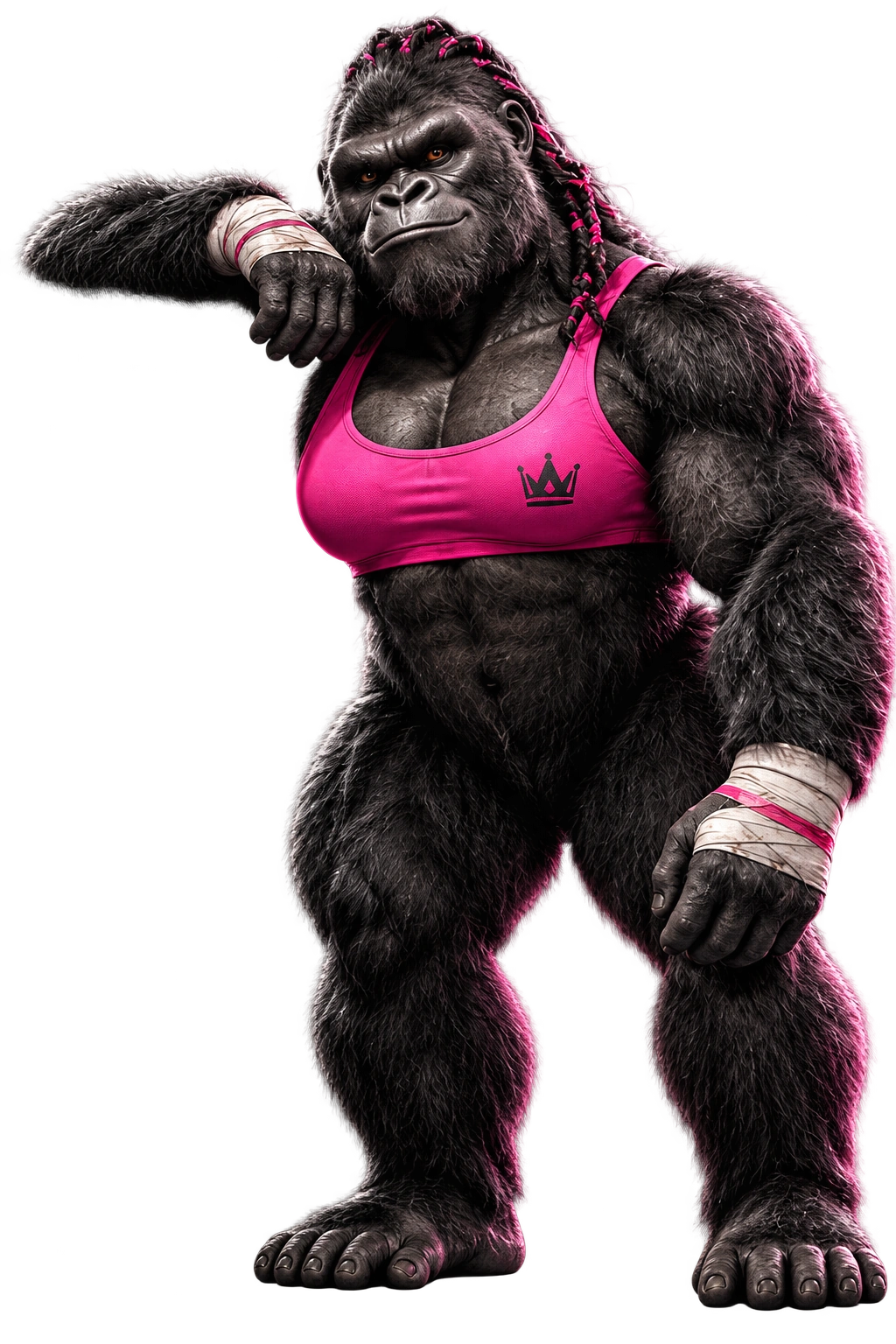Silverback gorilla wearing a pink sports bra with lightly braided hair